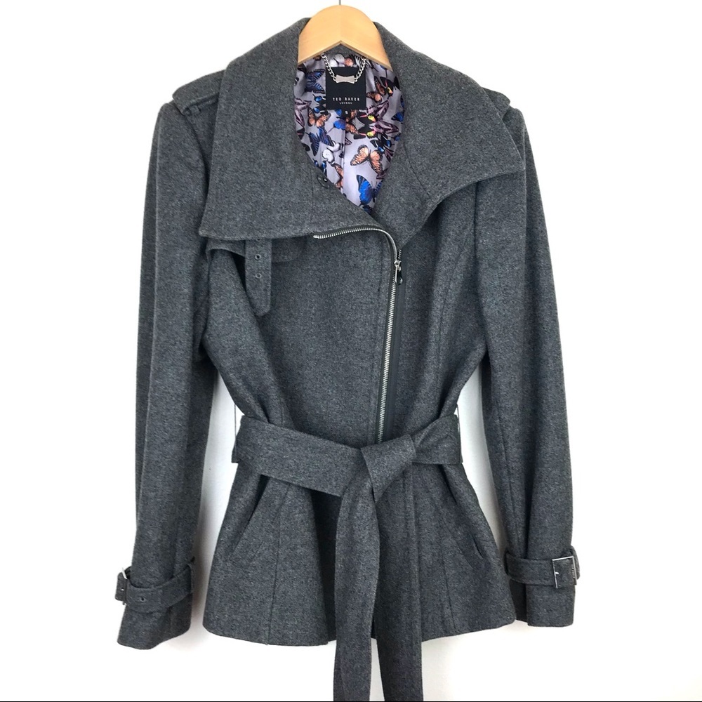 Ted Baker London gray wool blend asymmetrical zip front high neck jacket size 14